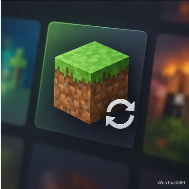 Minecraft grass-block game tile beside a circular refresh symbol, representing a platform update check.
