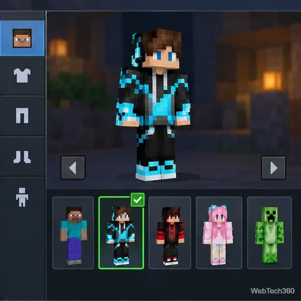 Minecraft Dressing Room skin picker with a blue-and-black character selected among several skin thumbnails.