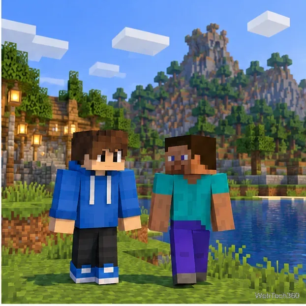 Two block-style Minecraft characters standing together in a world for comparing a local skin with an online view.