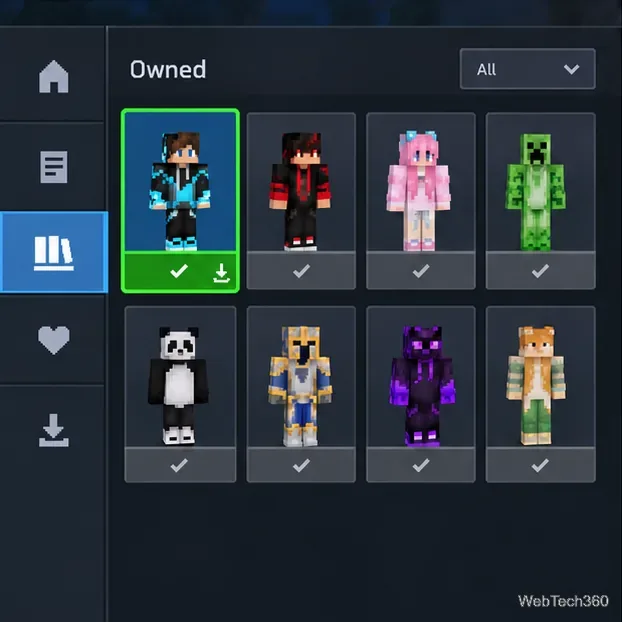 Minecraft Marketplace Owned library showing a selected skin tile with a download indicator and other character skins.