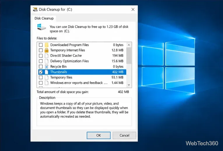 Caseta de dialog Curățare disc din Windows 10 cu elementul Miniaturi selectat.