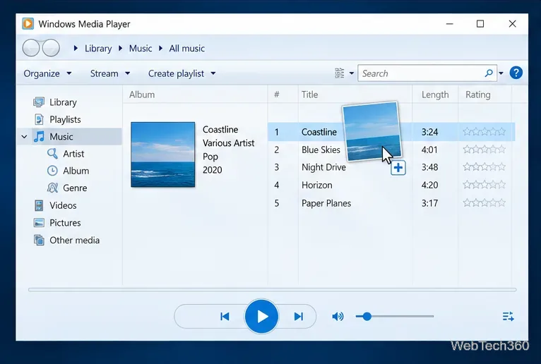 Bibliotecă Windows Media Player Legacy cu o imagine pătrată de copertă trasă peste o melodie selectată.