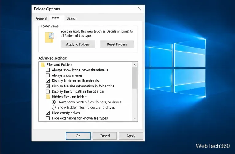 Fila Vizualizare Opțiuni folder Windows 10 cu opțiunea Afișați întotdeauna pictogramele, niciodată miniaturile nebifată.