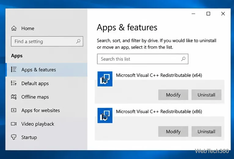 На странице «Приложения и возможности» Windows 10 отображаются записи о распространяемых компонентах Microsoft Visual C++ для 64- и 86-разрядных систем.