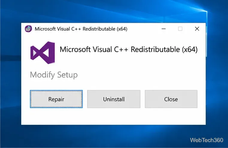 Окно установки Microsoft Visual C++ Redistributable в Windows 10 с выбранным параметром «Восстановление».