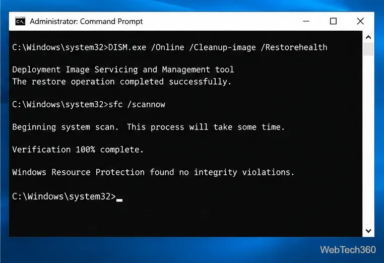 Командная строка администратора в Windows 10, отображающая команды DISM RestoreHealth и SFC scannow.