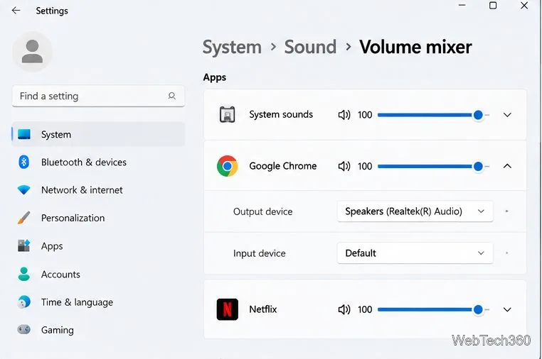 Микшер громкости в Windows 11, отображающий отдельные регуляторы громкости для Chrome и Netflix.