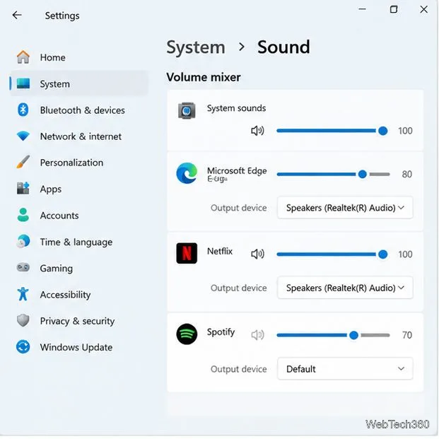 Микшер громкости звука Windows с возможностью выбора устройства вывода звука для каждого приложения.
