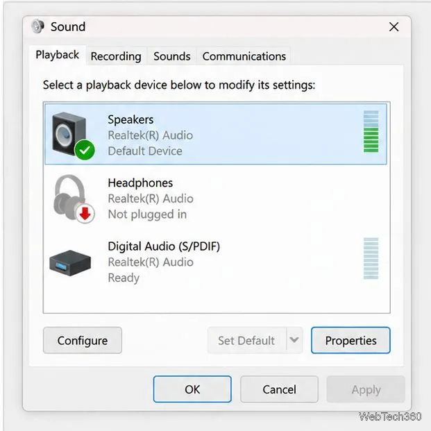 Классическая панель управления звуком Windows, отображающая устройства воспроизведения и их состояние.