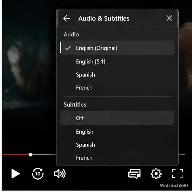 Элементы управления воспроизведением Netflix при открытом меню «Аудио и субтитры».