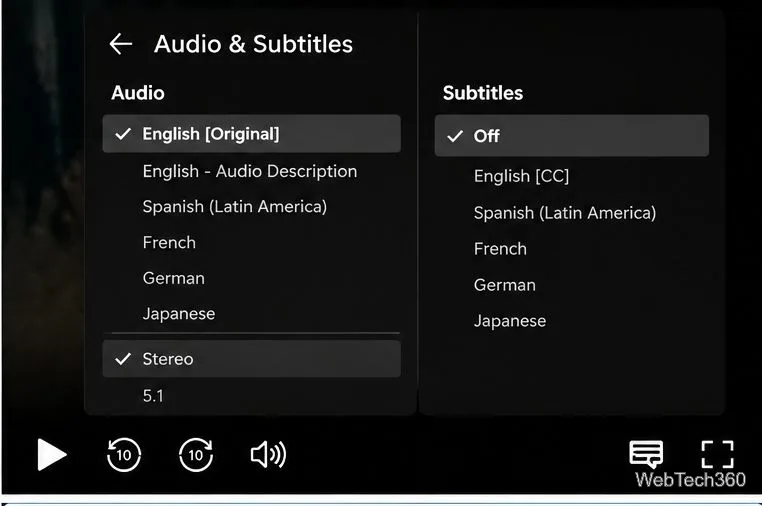 В настройках звука и субтитров Netflix отображается возможность выбора стереозвука.