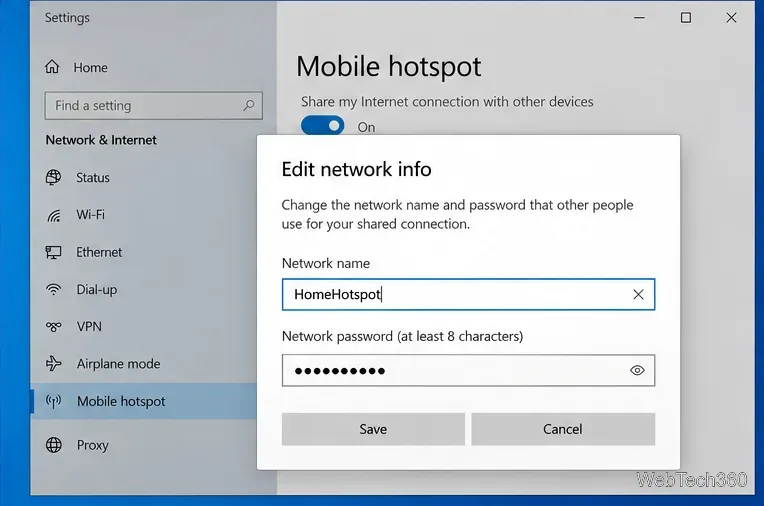 Cuadro de diálogo de edición de información de red de Windows 10 con campos para el nombre de red y la contraseña de un punto de acceso móvil.