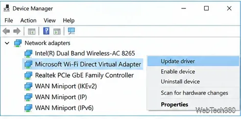 Administrador de dispositivos de Windows 10 con el adaptador virtual Microsoft Wi-Fi Direct listado en Adaptadores de red.