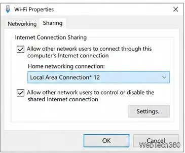 Adaptador de red de Windows 10, pestaña Compartir con Compartir conexión a Internet habilitado y Conexión de área local seleccionada.