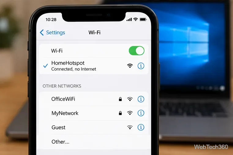 La configuración Wi-Fi del teléfono muestra un punto de acceso de Windows conectado llamado HomeHotspot con una advertencia de falta de Internet.
