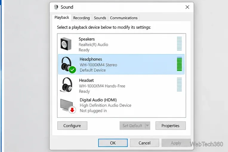 В панели «Звук» Windows 10 отображаются отдельные Bluetooth-устройства: стереонаушники и гарнитура.