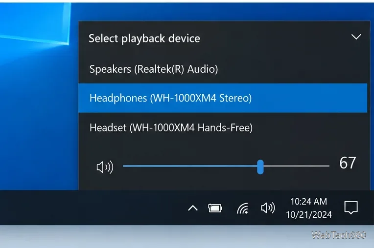 Панель выбора режима воспроизведения на панели задач Windows 10 с возможностью выбора между стереорежимом в наушниках и режимом громкой связи в гарнитуре.
