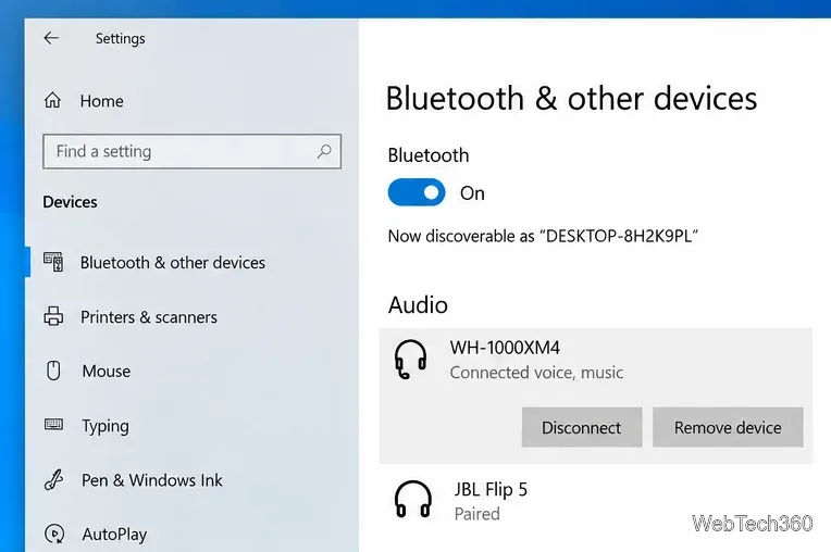 В настройках Bluetooth в Windows 10 отображается подключенная беспроводная гарнитура и включенный переключатель Bluetooth.
