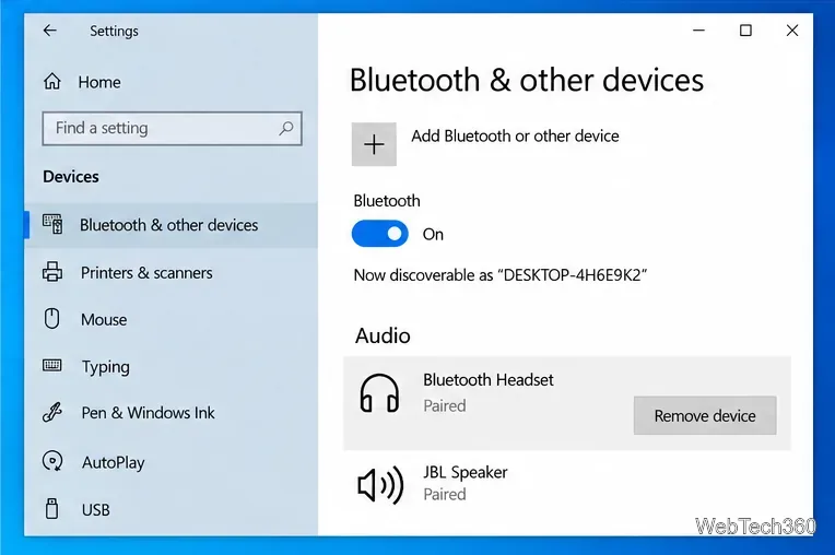 Страница «Bluetooth и другие устройства» в Windows 10 с Bluetooth-гарнитурой и кнопкой «Удалить устройство».