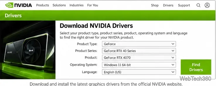 صفحة اختيار برنامج تشغيل NVIDIA مع حقول لطراز بطاقة الرسومات وإصدار Windows