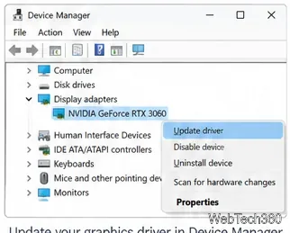 يعرض مدير أجهزة ويندوز محولات العرض وإدخال بطاقة رسومات NVIDIA
