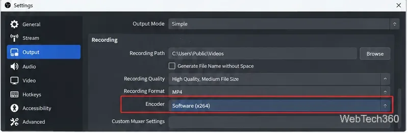 إعدادات تسجيل مخرجات OBS مع التركيز على اختيار برنامج ترميز x264