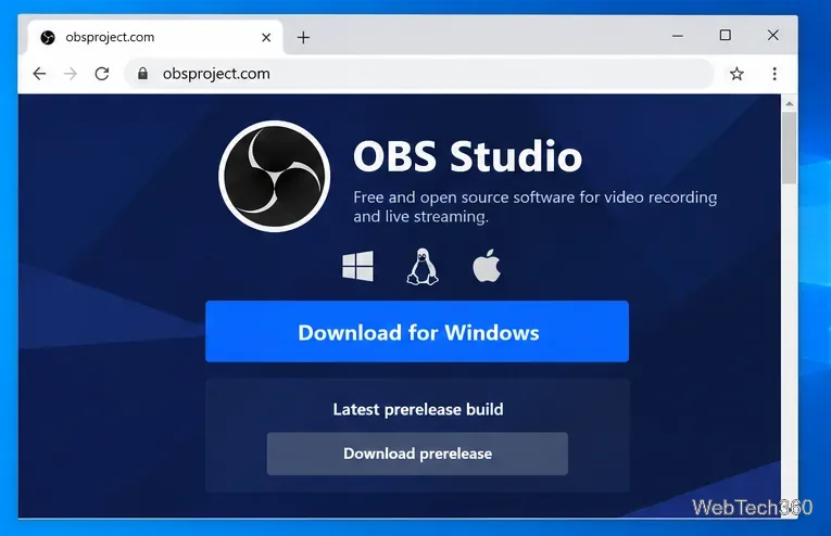 หน้าดาวน์โหลด OBS Studio แสดงปุ่มดาวน์โหลดสำหรับ Windows และตัวเลือกเวอร์ชันทดลองใช้งานแยกต่างหาก