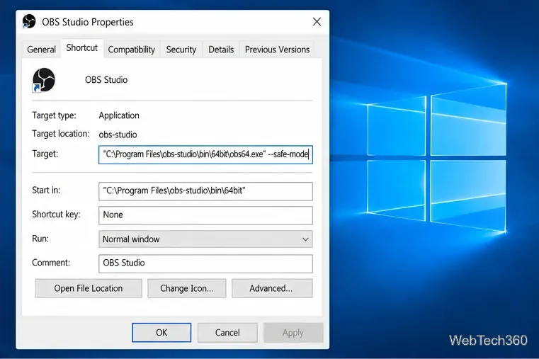 หน้าต่าง Properties ของทางลัดใน Windows 10 จะแสดง --safe-mode ต่อท้ายเส้นทางของไฟล์ obs64.exe ที่อยู่ในเครื่องหมายคำพูด