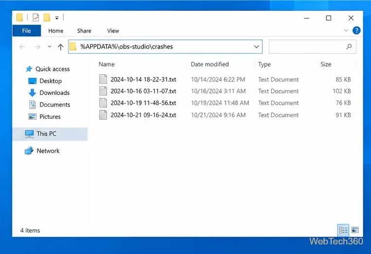 โปรแกรม File Explorer จะแสดงโฟลเดอร์ %APPDATA%\obs-studio\crashes พร้อมรายงานข้อความที่มีการประทับเวลา
