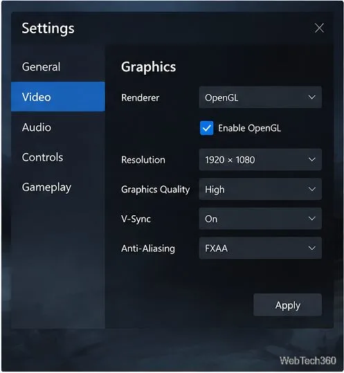 Example game graphics settings page with a Graphics API or Renderer menu showing OpenGL as one available option.