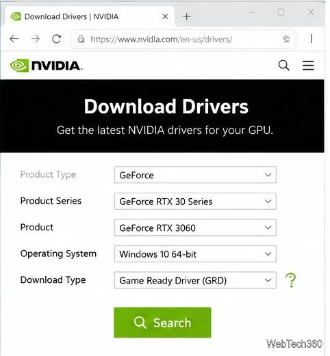 Official NVIDIA driver download page with GPU model, Windows version, and driver type selectors.
