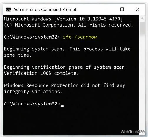 Administrator Command Prompt showing the sfc /scannow command and a completed Windows system file scan.
