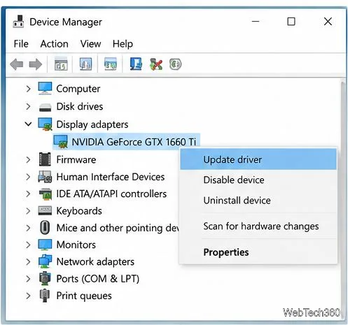 Windows 10 Device Manager with Display adapters expanded and the Update driver command selected for a graphics card.
