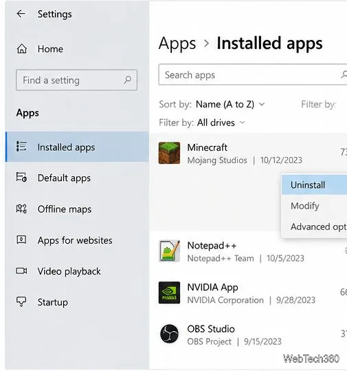 Windows 10 Settings Apps screen showing an installed application with its Uninstall option open.