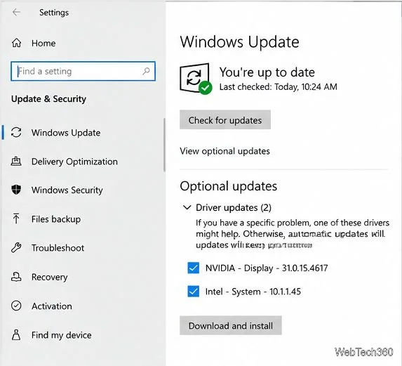Windows 10 Update and Security settings showing Windows Update and optional driver updates.
