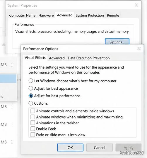 Windows System Properties Performance Options dialog with Adjust for best performance selected.