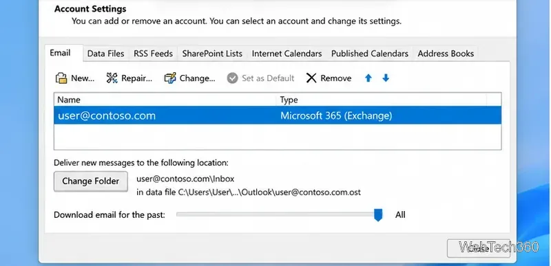 В настройках учетной записи Outlook ползунок «Загружать электронные письма за прошедший период» установлен в положение «Все».