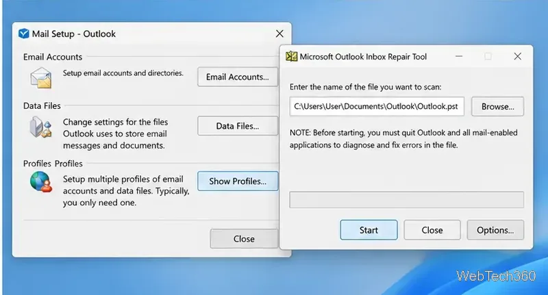 Элементы управления профилем настройки почты Outlook рядом со средством восстановления папки «Входящие» Microsoft Outlook.