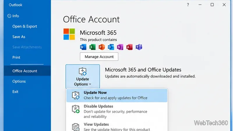 Страница учетной записи Office в Outlook с параметрами обновления и выбранным пунктом «Обновить сейчас».
