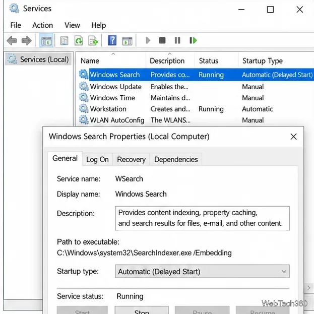 Свойства службы поиска Windows со статусами «Автоматический отложенный запуск» и «Работает».