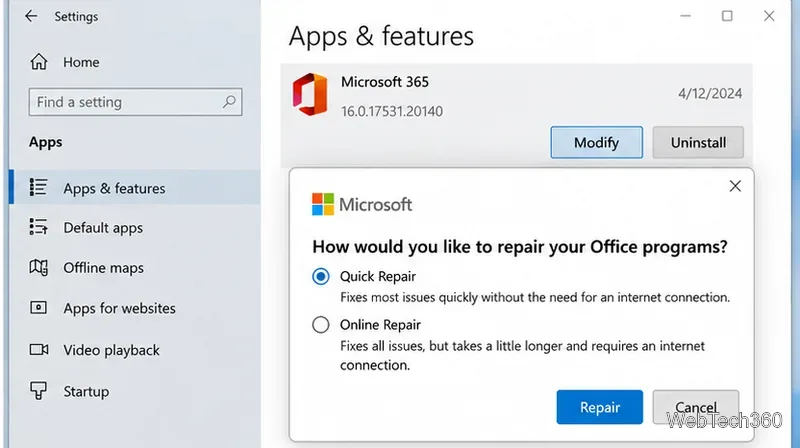 Приложения и функции Windows, демонстрирующие варианты быстрого восстановления и онлайн-восстановления Microsoft 365.