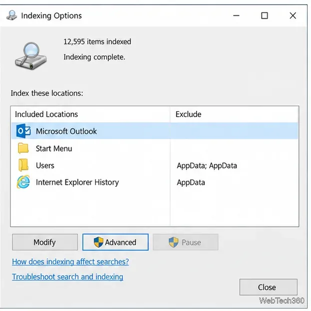 Параметры индексирования Windows с выбранным Microsoft Outlook в качестве включенного расположения