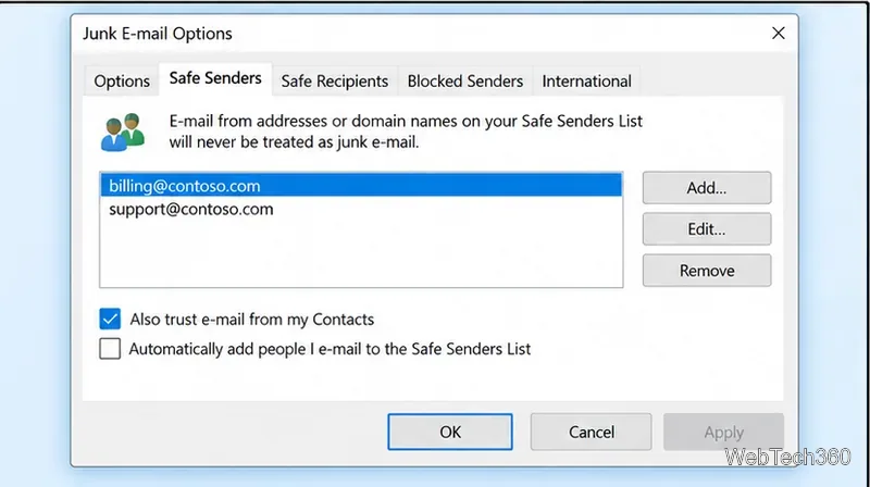 ตัวเลือกการจัดการอีเมลขยะใน Outlook เวอร์ชันคลาสสิก บนแท็บผู้ส่งที่ปลอดภัย ซึ่งแสดงที่อยู่ผู้ส่งที่เชื่อถือได้