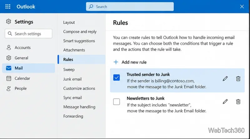การตั้งค่ากฎของ Outlook แสดงกฎที่ส่งผู้ส่งที่เชื่อถือได้ไปยังโฟลเดอร์อีเมลขยะ