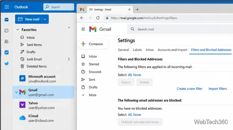 Outlook ที่เลือกบัญชี Gmail ไว้ข้างๆ การตั้งค่าตัวกรอง Gmail และที่อยู่ที่ถูกบล็อก