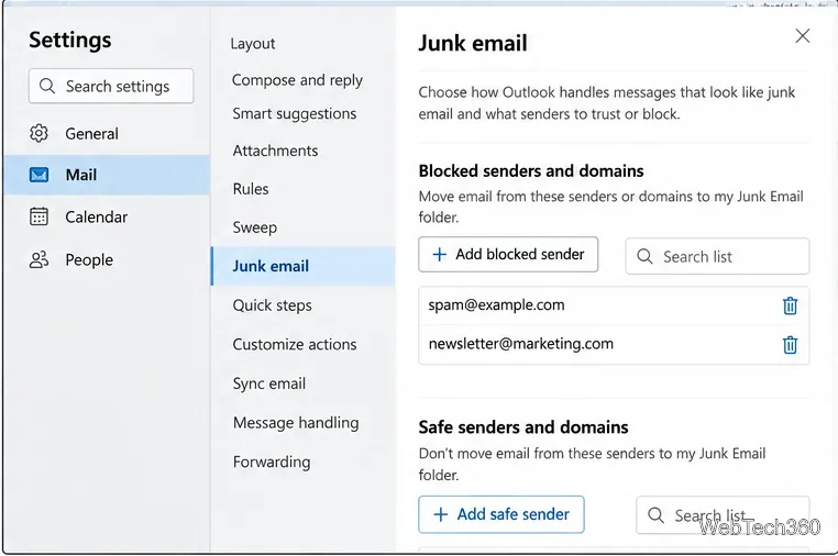 การตั้งค่า Outlook จะเปิดไปที่หน้าอีเมลและอีเมลขยะ โดยจะเห็นส่วนผู้ส่งที่ถูกบล็อกและผู้ส่งที่ปลอดภัย