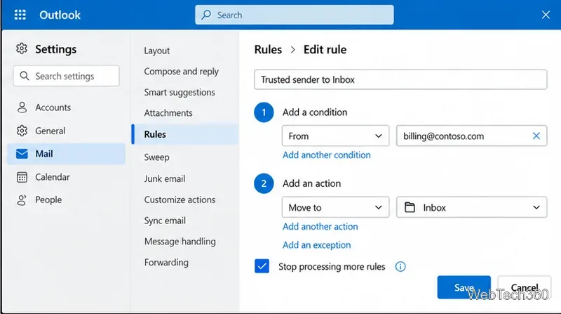 ตัวแก้ไขกฎ Outlook พร้อมเงื่อนไข การดำเนินการย้ายไปยังกล่องจดหมายเข้า และตัวเลือกหยุดการประมวลผลกฎเพิ่มเติม