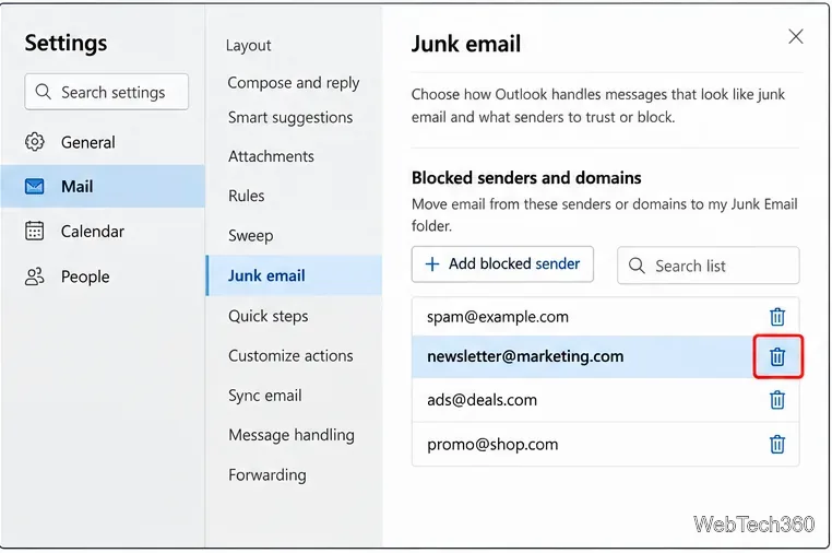 การตั้งค่าอีเมลขยะของ Outlook แสดงว่ามีผู้ส่งที่ถูกบล็อกซึ่งถูกเลือกไว้สำหรับการลบออก