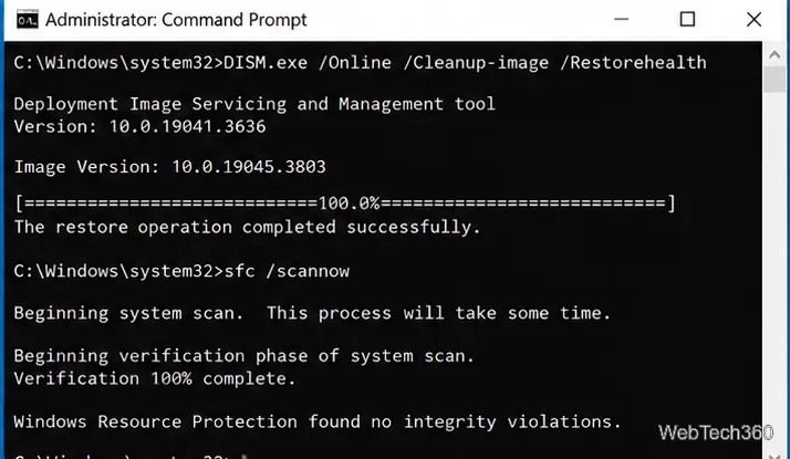 หน้าต่าง Command Prompt ของผู้ดูแลระบบแสดงคำสั่ง DISM RestoreHealth ตามด้วย SFC scannow