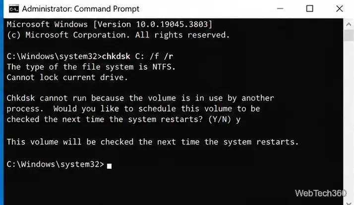 กำหนดเวลาการรีสตาร์ทครั้งถัดไปโดยใช้คำสั่ง CHKDSK (C, slash, f, r) ในพรอมต์คำสั่งของผู้ดูแลระบบ